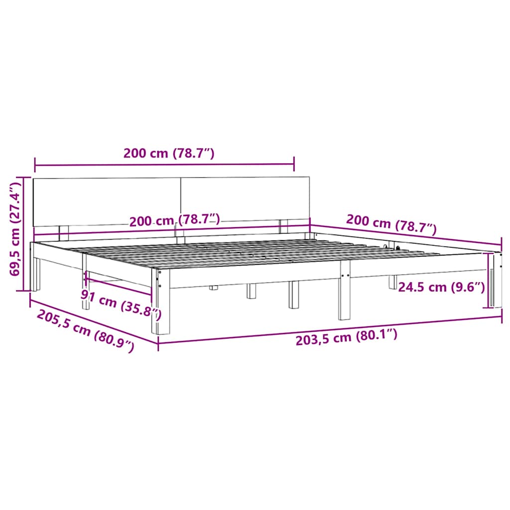 Bedframe massief grenenhout wit 200x200 cm