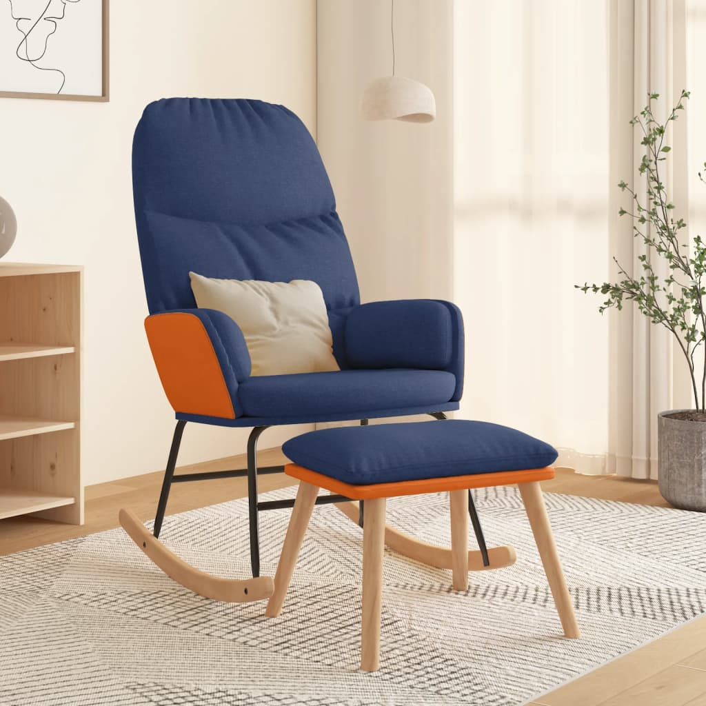 Chaise à bascule avec tabouret en tissu bleu