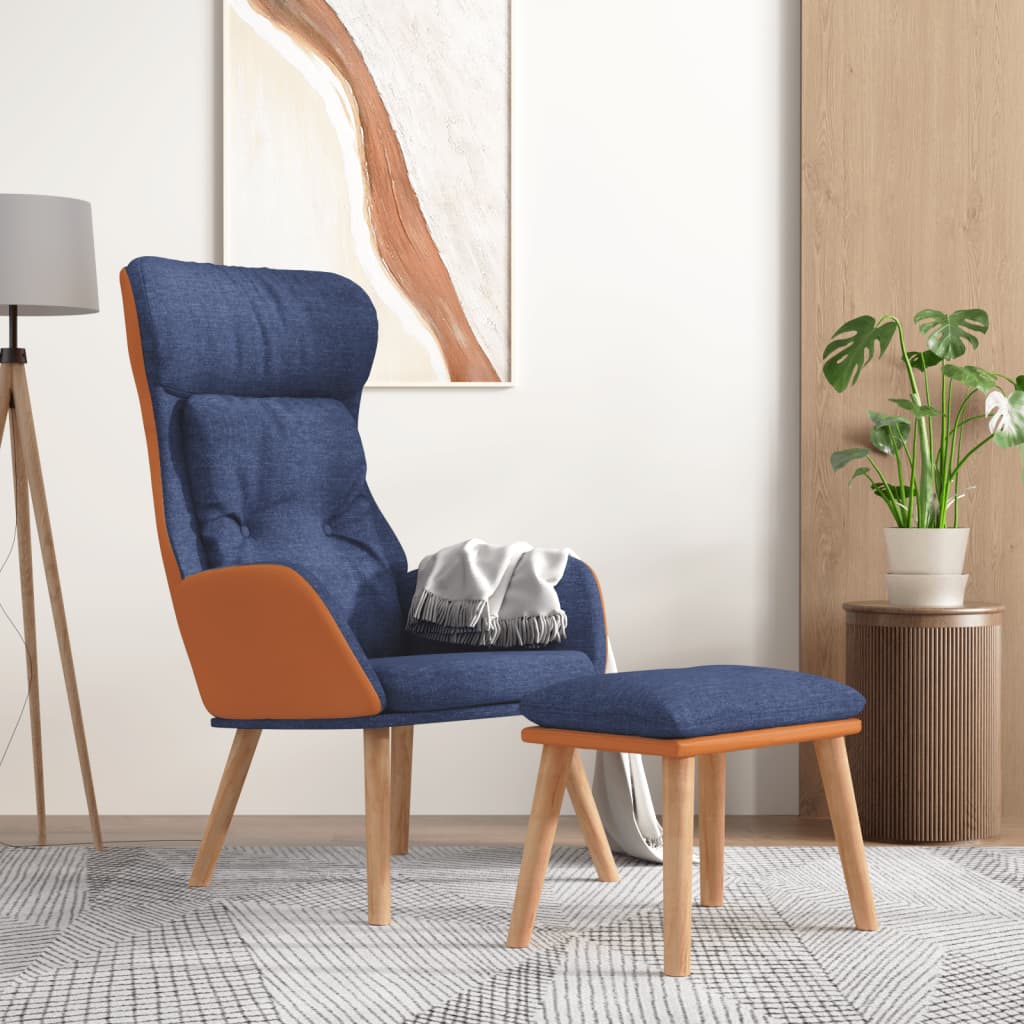 Fauteuil relax avec tabouret en similicuir bleu et tissu