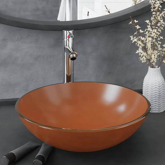 Badezimmer Waschbecken mit Wasserhahn und Ablaufgarnitur Braun