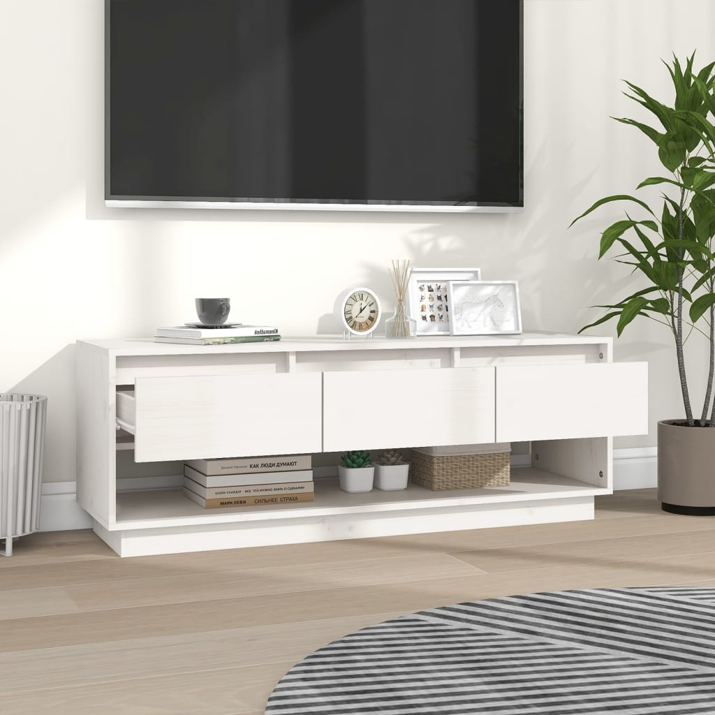 Meuble TV blanc 110,5x34x40 cm en bois de pin massif