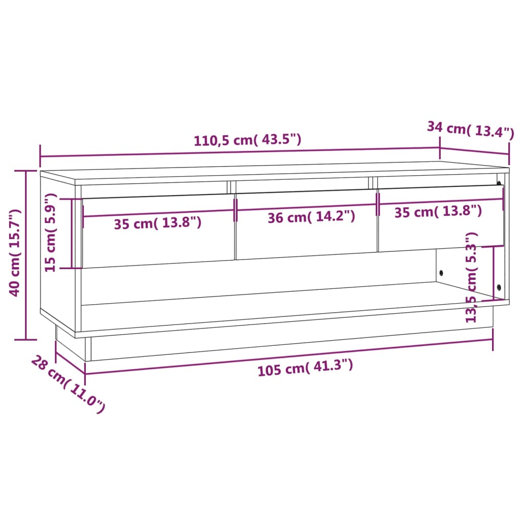 Meuble TV blanc 110,5x34x40 cm en bois de pin massif