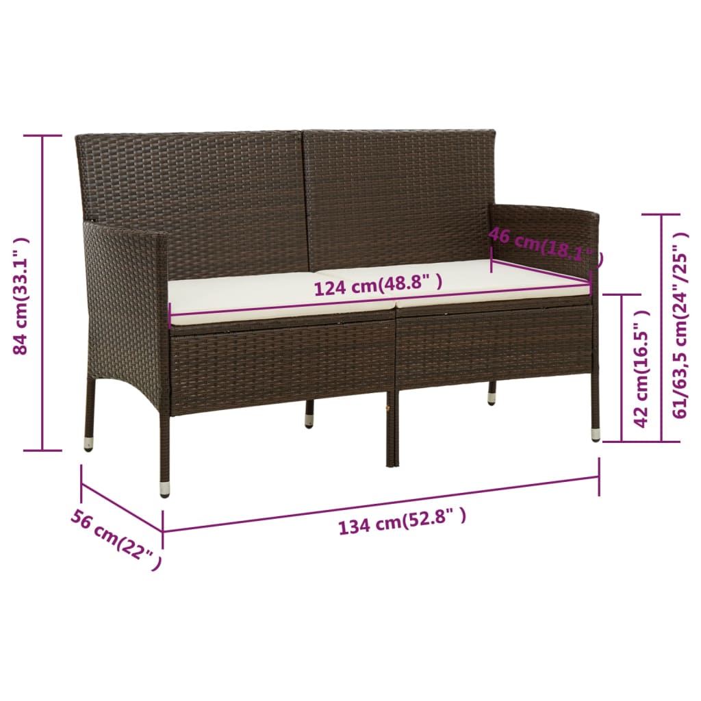 Gartensofa 3-Sitzer mit Kissen Braun Poly Rattan