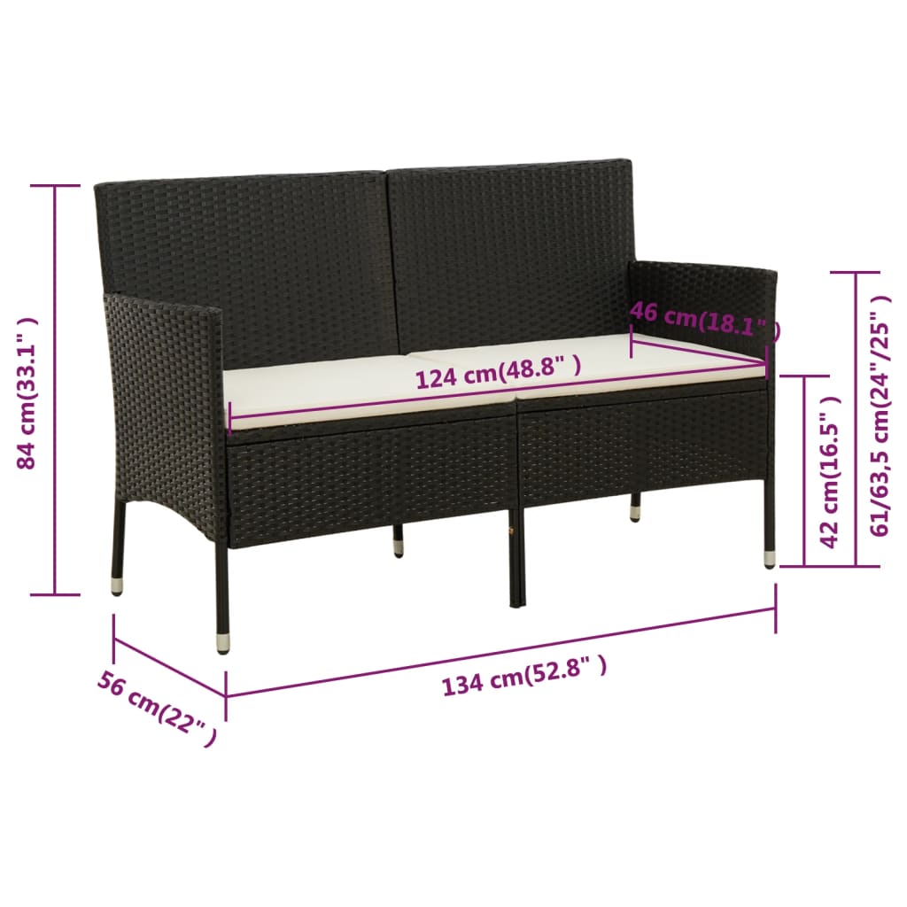 Gartensofa 3-Sitzer mit Kissen Schwarz Poly Rattan