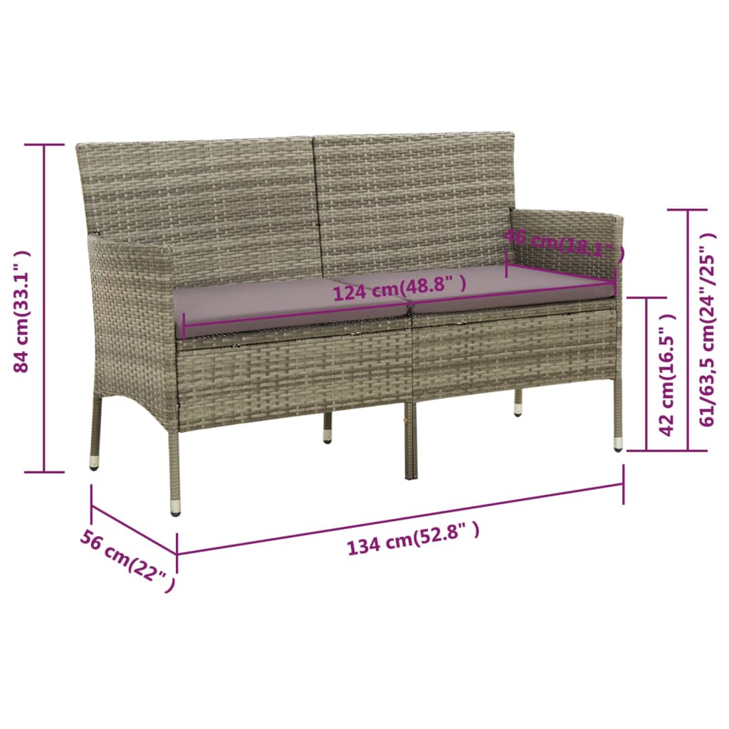 Gartensofa 3-Sitzer mit Kissen Grau Poly Rattan