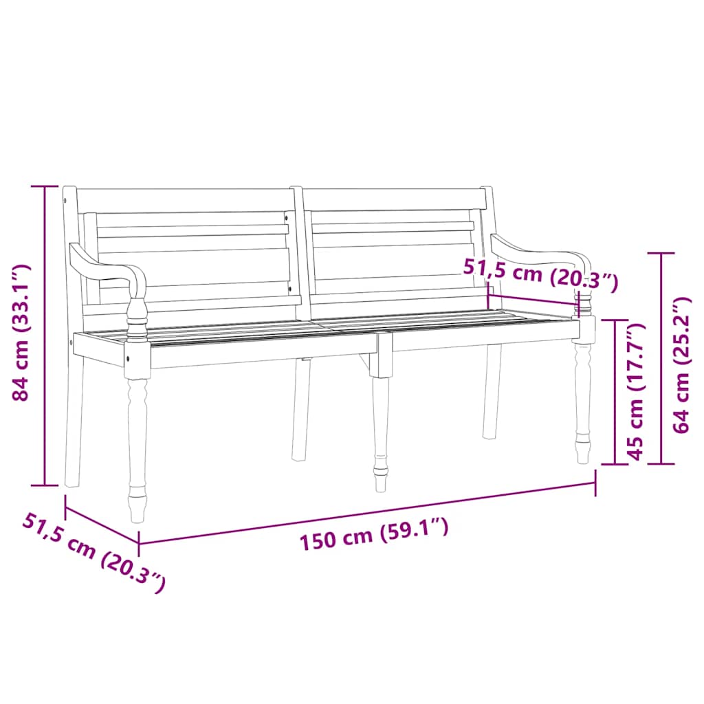 Batavia-Bank mit Schwarzem Kissen 150 cm Massivholz Teak