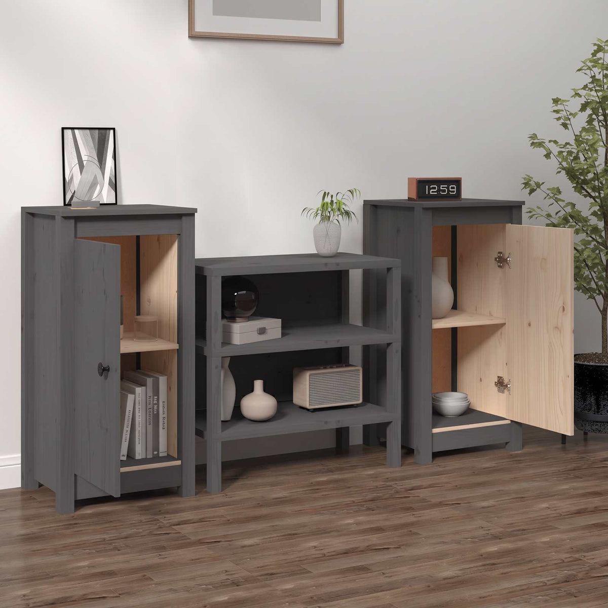 Sideboards 2 Stk. Grau 39x35x80 cm Massivholz Kiefer