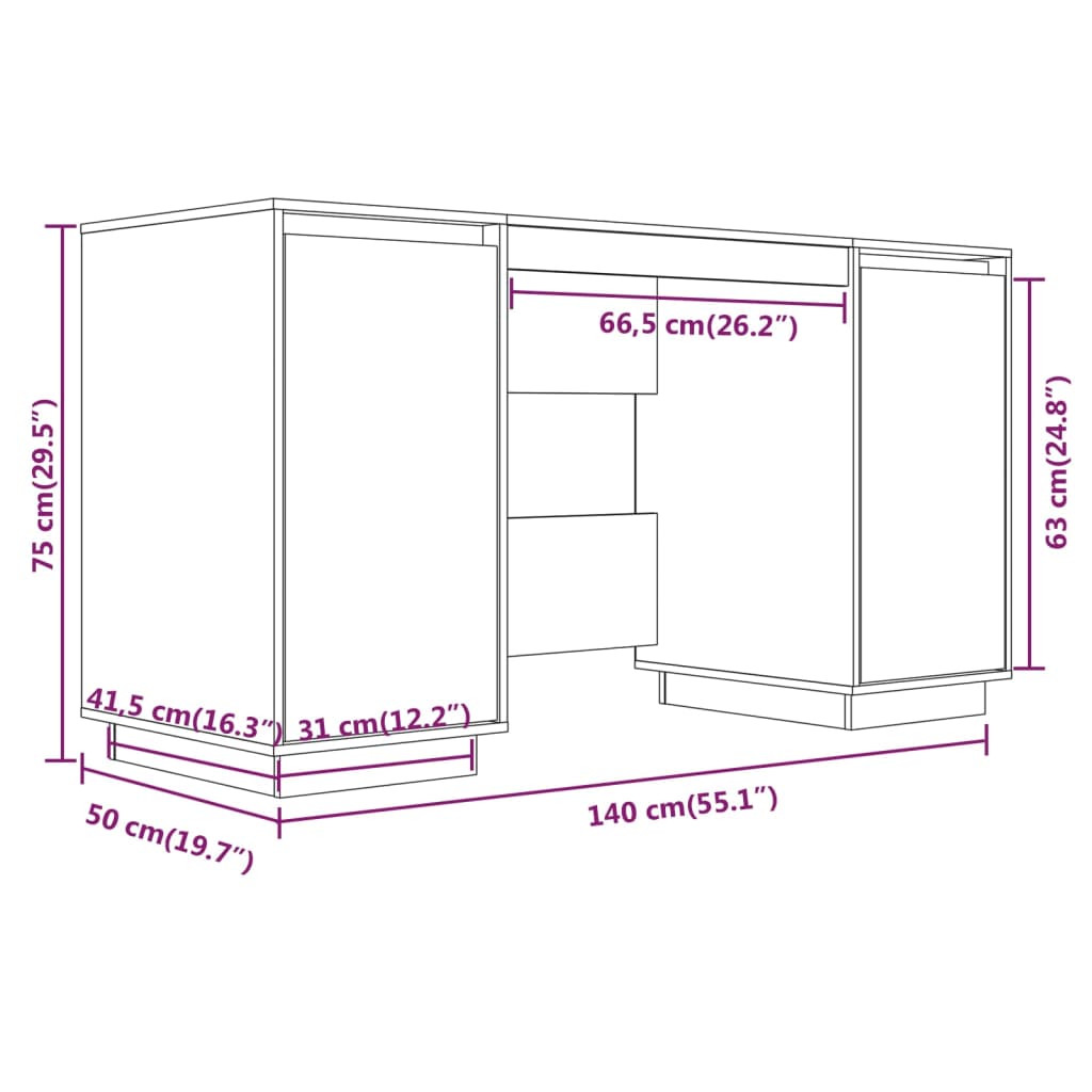 Bureau 140x50x75 cm en pin massif