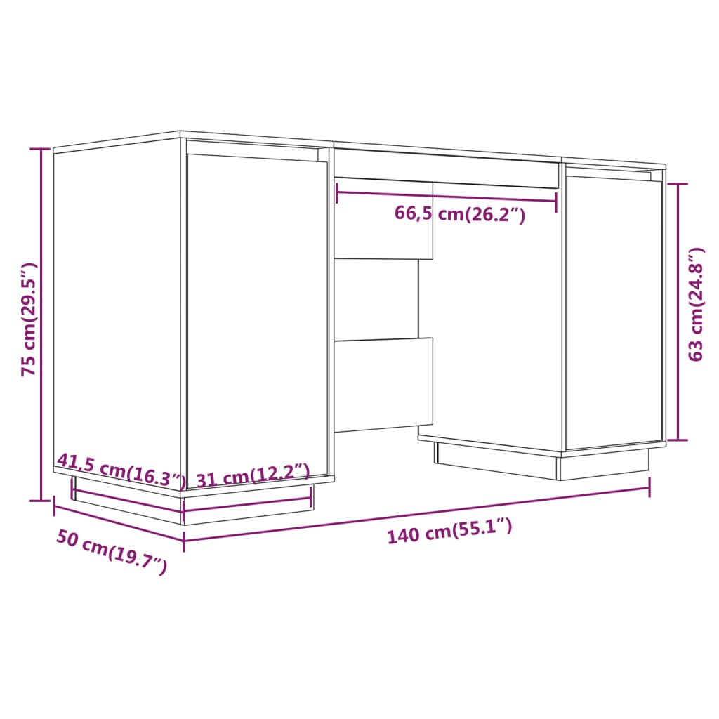 Bureau noir 140x50x75 cm en bois de pin massif