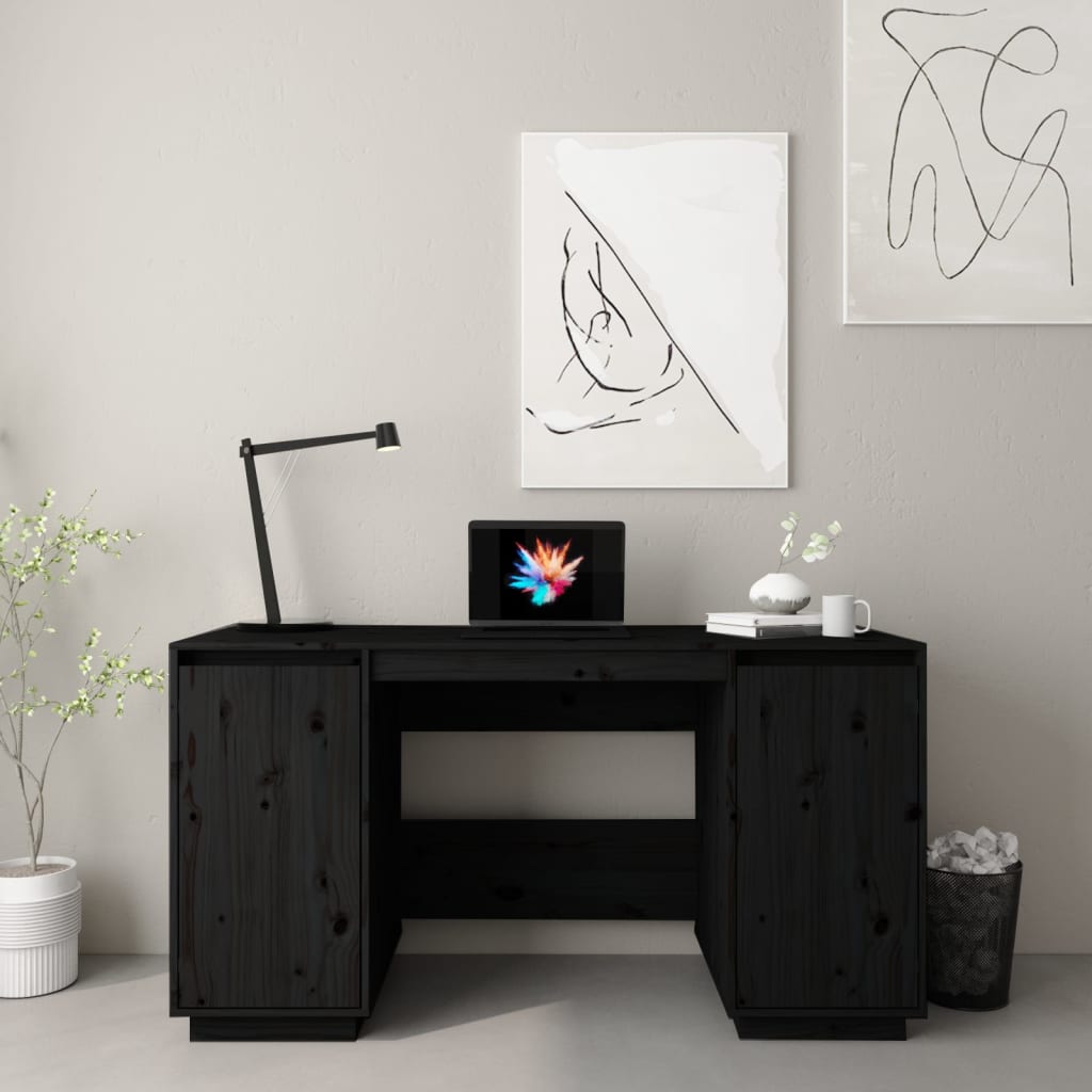 Bureau noir 140x50x75 cm en bois de pin massif