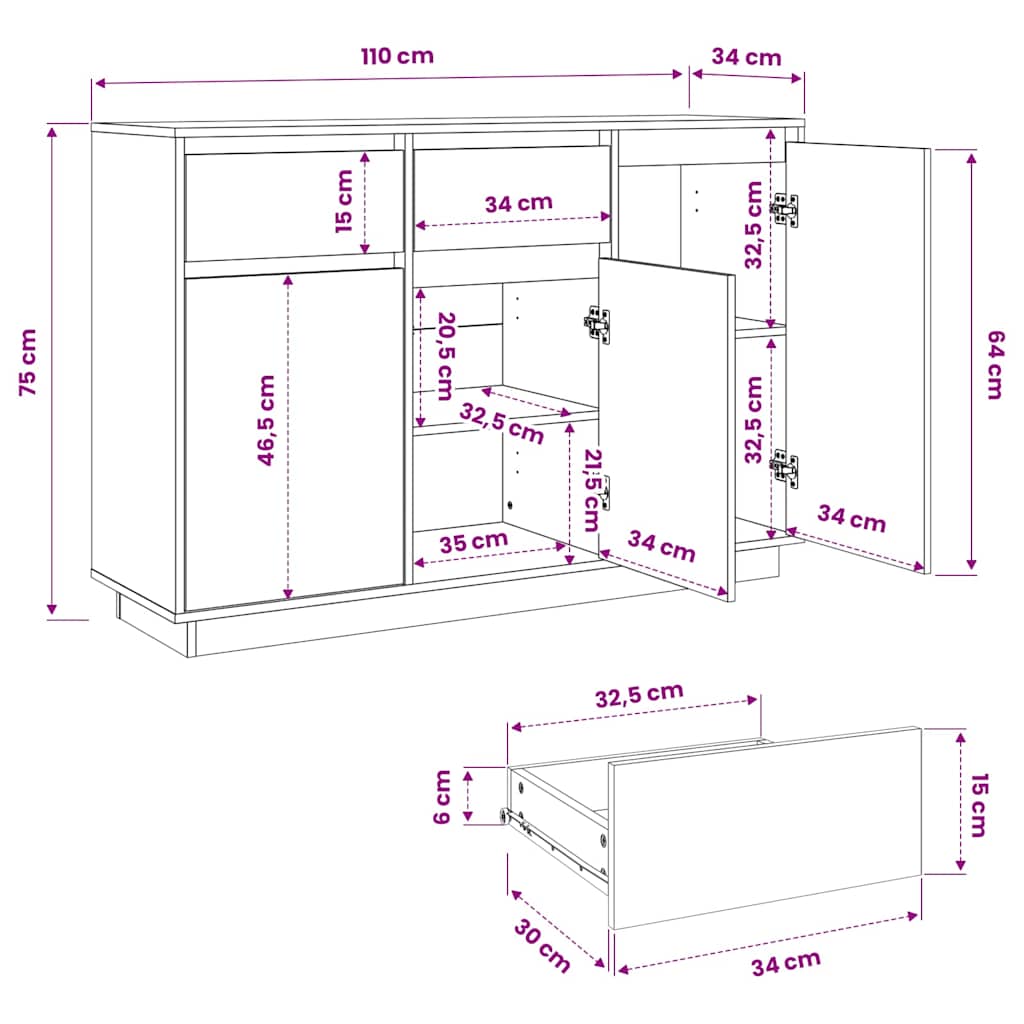 Sideboard Weiß 110x34x75 cm Massivholz Kiefer