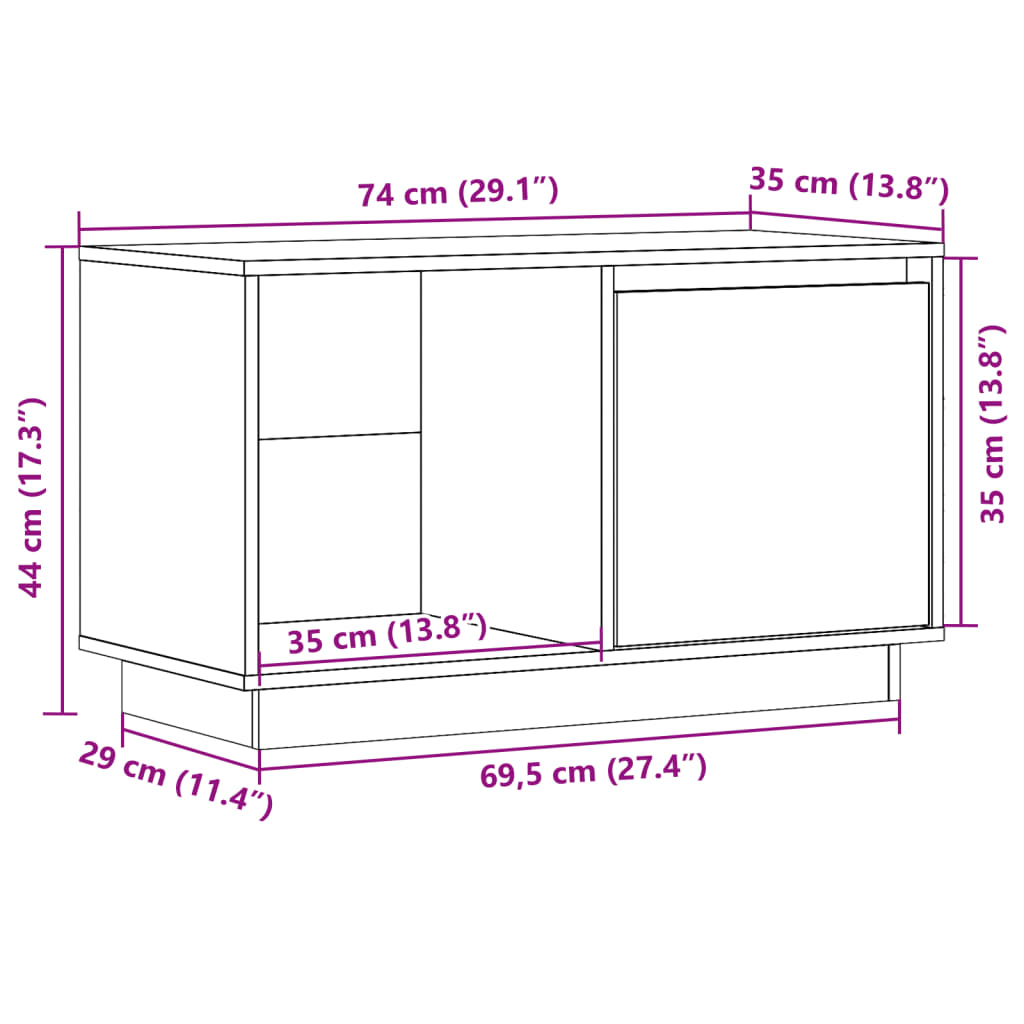 Meuble TV blanc 74x35x44 cm en bois de pin massif