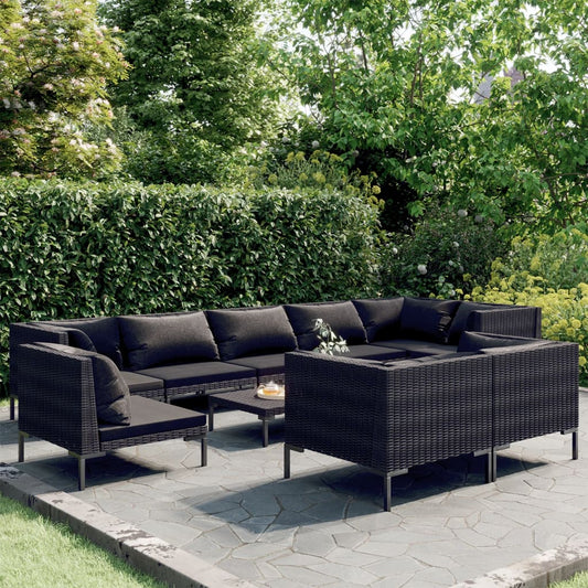 10-tlg. Garten-Lounge-Set mit Kissen Poly Rattan Dunkelgrau