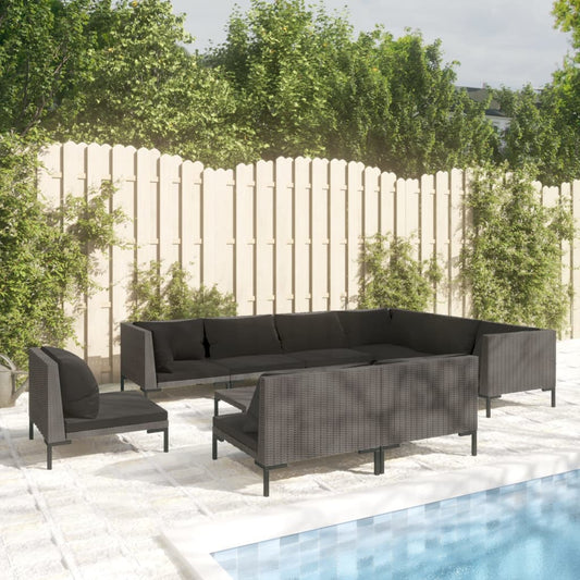 10-tlg. Garten-Lounge-Set mit Kissen Poly Rattan Dunkelgrau
