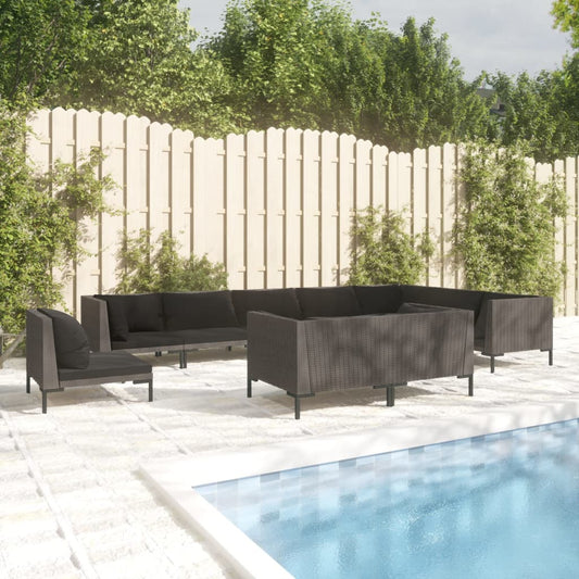 10-tlg. Garten-Lounge-Set mit Kissen Poly Rattan Dunkelgrau