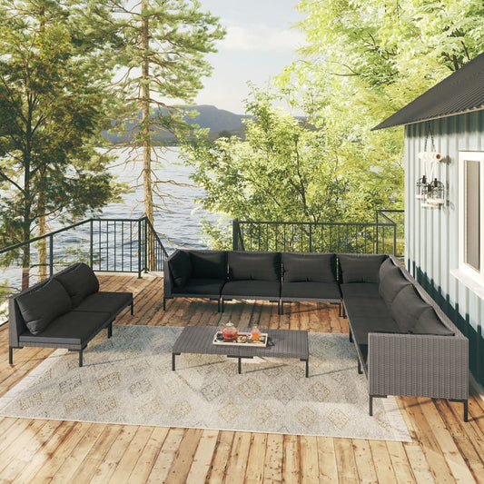 10-tlg. Garten-Lounge-Set mit Kissen Poly Rattan Dunkelgrau