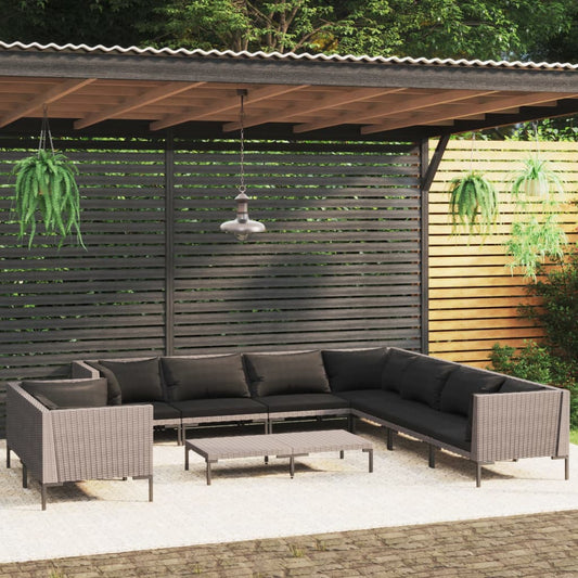 10-tlg. Garten-Lounge-Set mit Kissen Poly Rattan Dunkelgrau