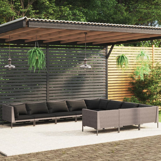 10-tlg. Garten-Lounge-Set mit Kissen Poly Rattan Dunkelgrau