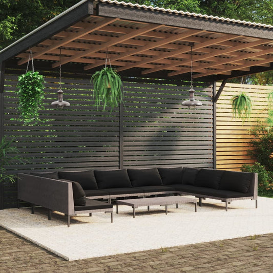 10-tlg. Garten-Lounge-Set mit Kissen Poly Rattan Dunkelgrau