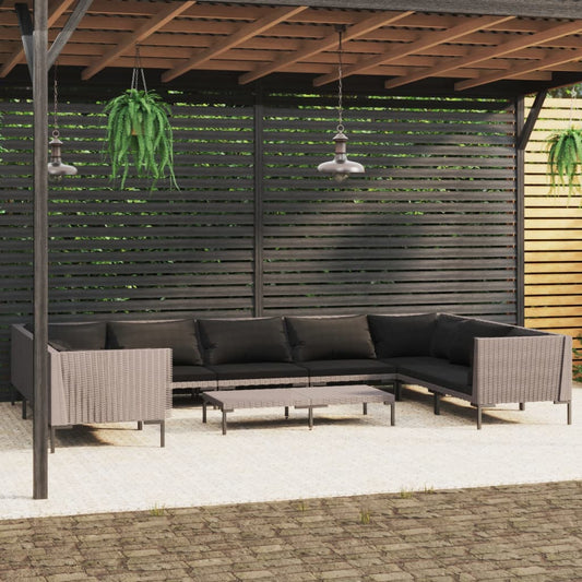 10-tlg. Garten-Lounge-Set mit Kissen Poly Rattan Dunkelgrau