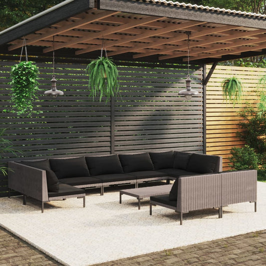 10-tlg. Garten-Lounge-Set mit Kissen Poly Rattan Dunkelgrau
