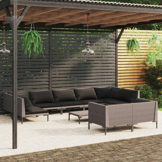 10-tlg. Garten-Lounge-Set mit Kissen Poly Rattan Dunkelgrau