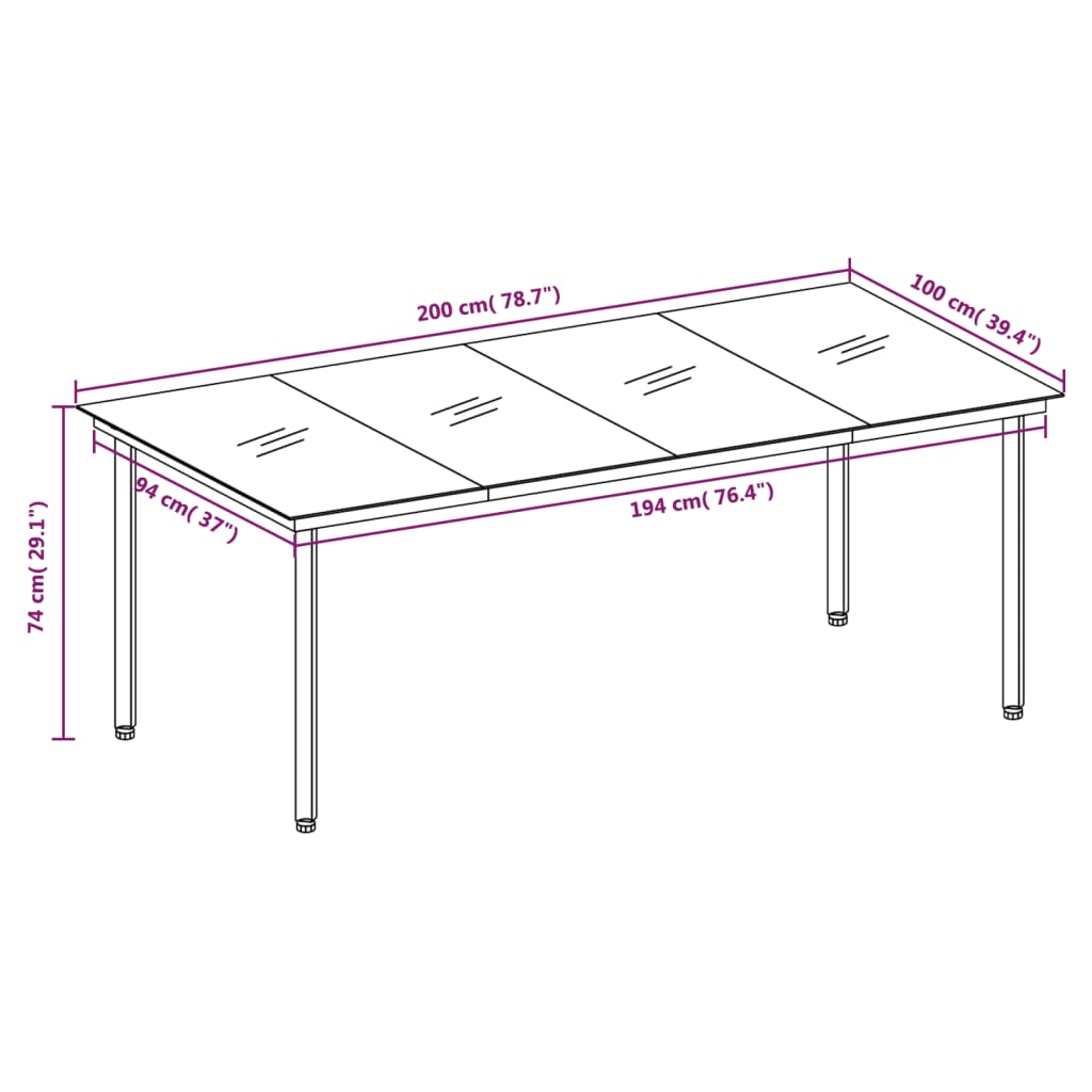 Table à manger de jardin noire 200x100x74 cm acier et verre