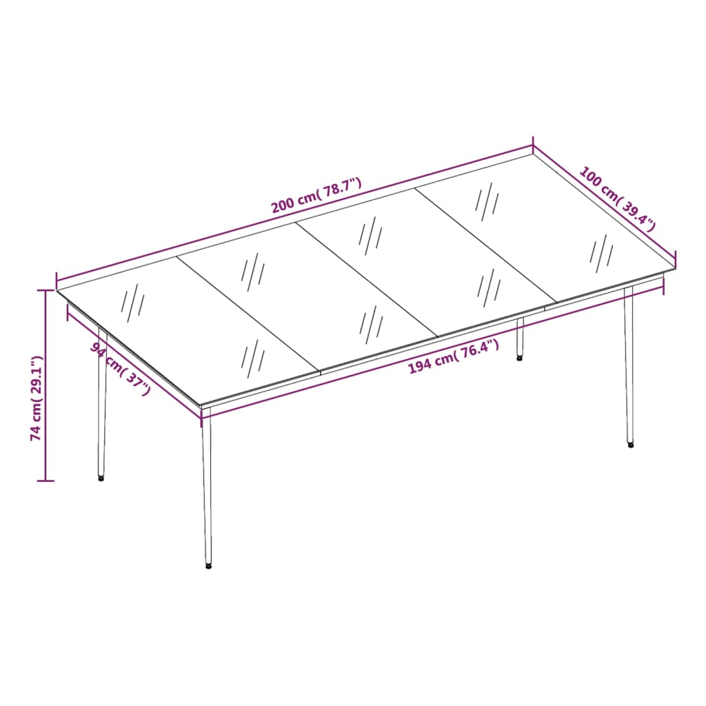 Table à manger de jardin noire 200x100x74 cm acier et verre