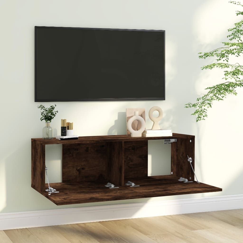 Meuble TV mural chêne fumé 100x30x30 cm matériau bois