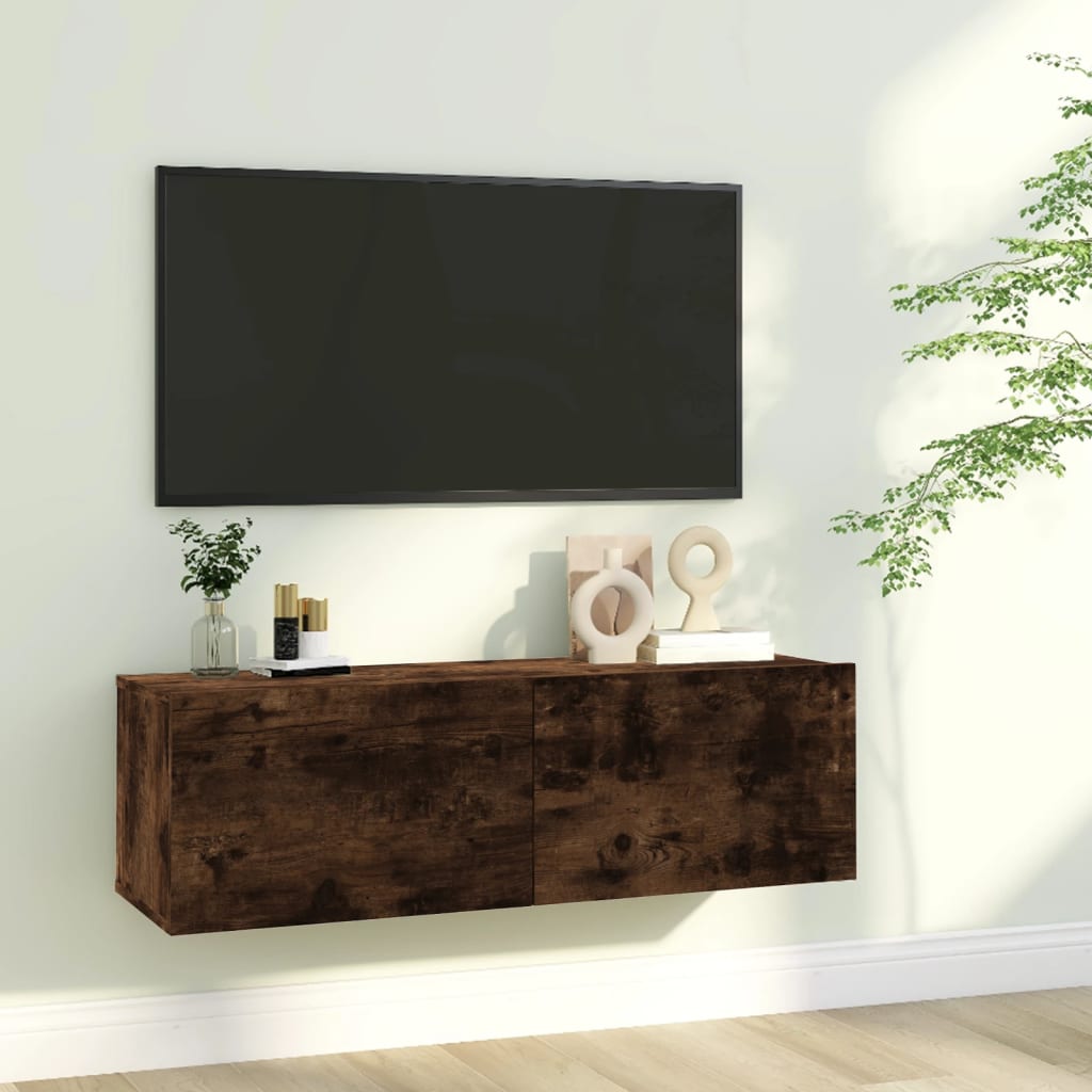 Meuble TV mural chêne fumé 100x30x30 cm matériau bois