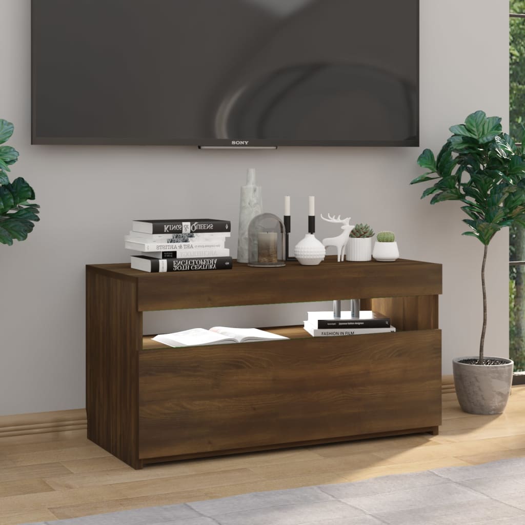 TV cabinet with LED lights brown oak look 75x35x40 cm