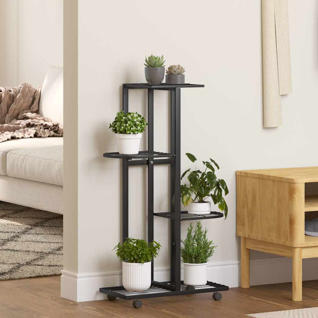Blumenständer 4-Etagen mit Rollen 44x23x80 cm Schwarz Eisen