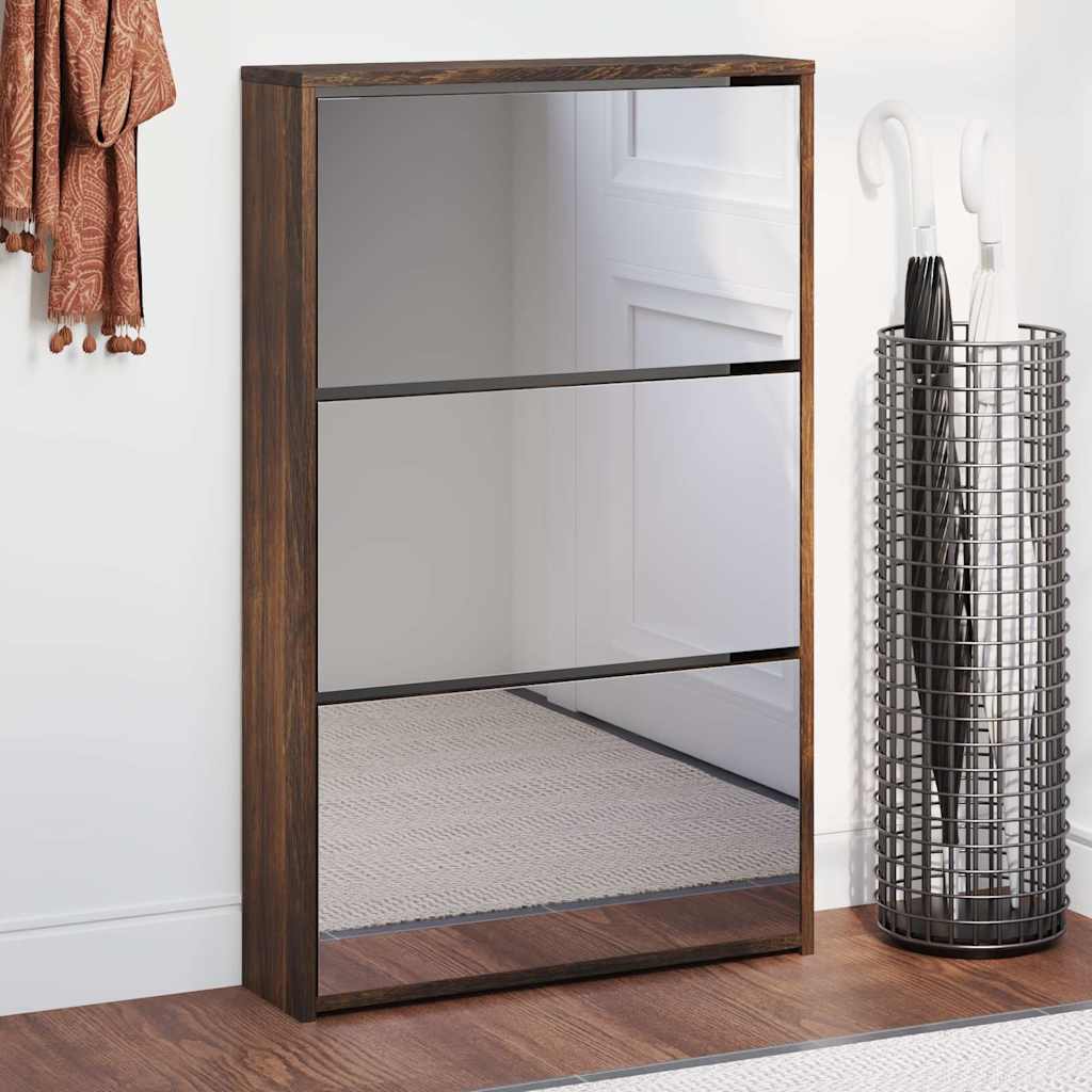 Schuhschrank mit Spiegel 3 Fächer Räuchereiche 63x17x102,5 cm