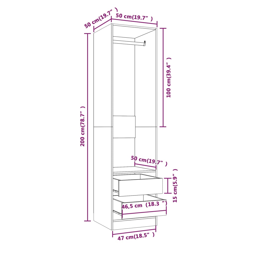 Armoire avec tiroirs chêne fumé 50x50x200 cm