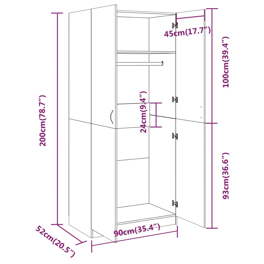 Kleiderschrank Grau Sonoma 90x52x200 cm Holzwerkstoff