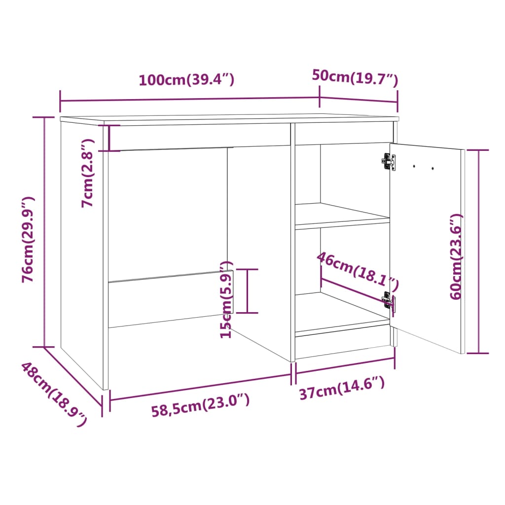 Bureau chêne fumé 100x50x76 cm matière bois