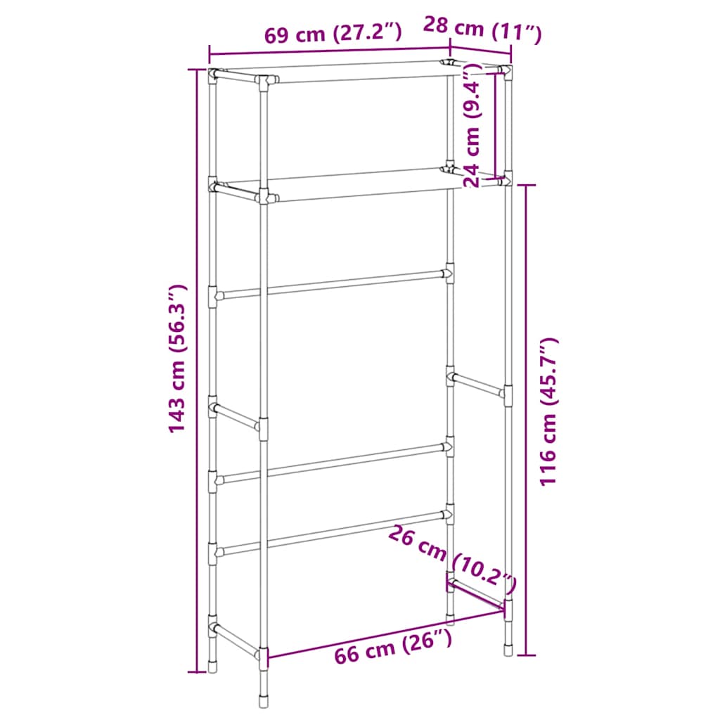 Étagère pour machine à laver 2 étagères noir 69x28x143 cm fer