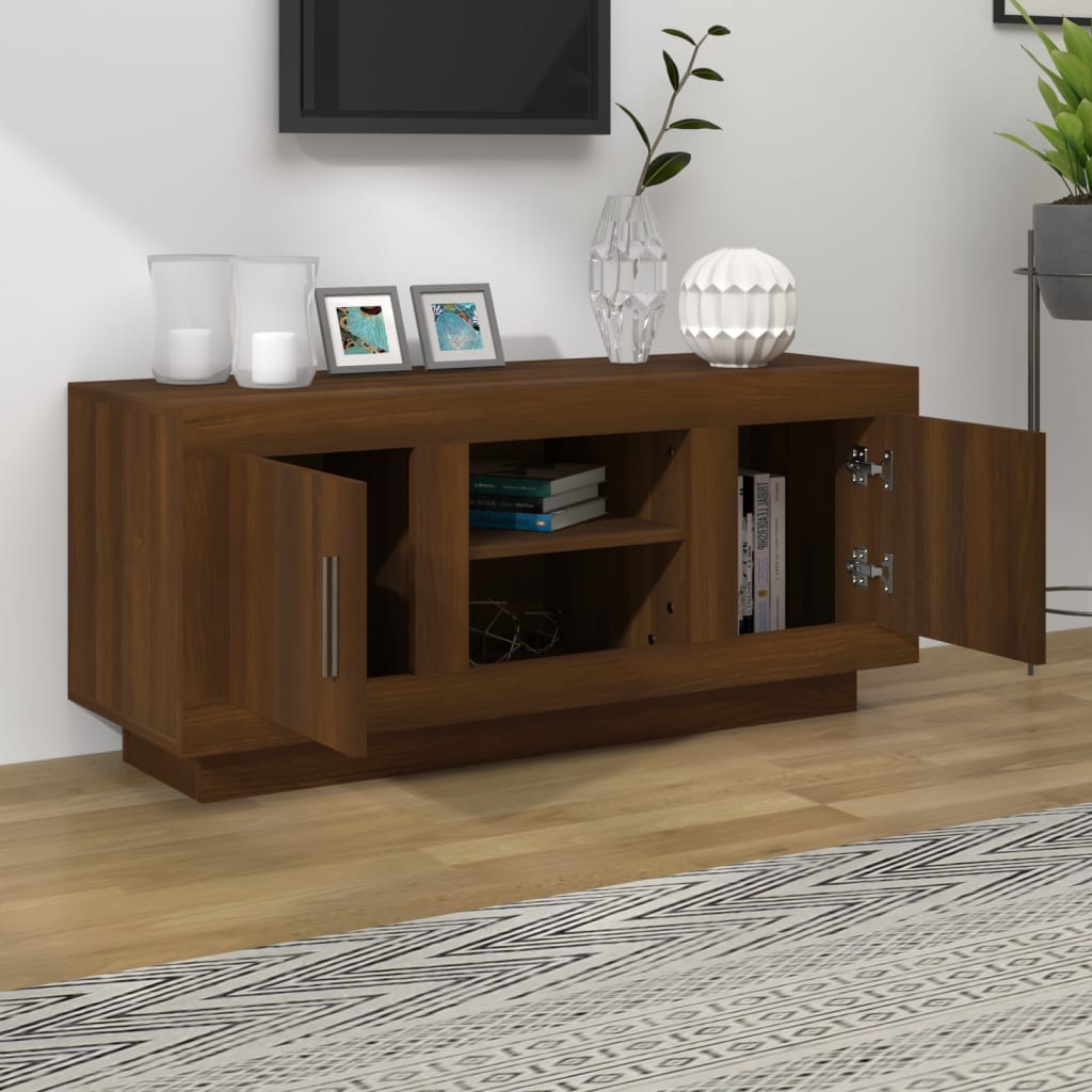 Meuble TV aspect chêne marron 102x35x45 cm matériau bois