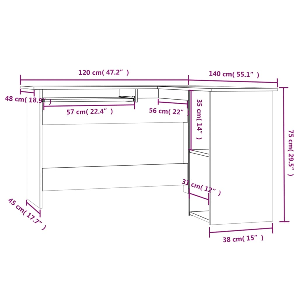 Bureau d'angle gris Sonoma 120x140x75 cm en bois