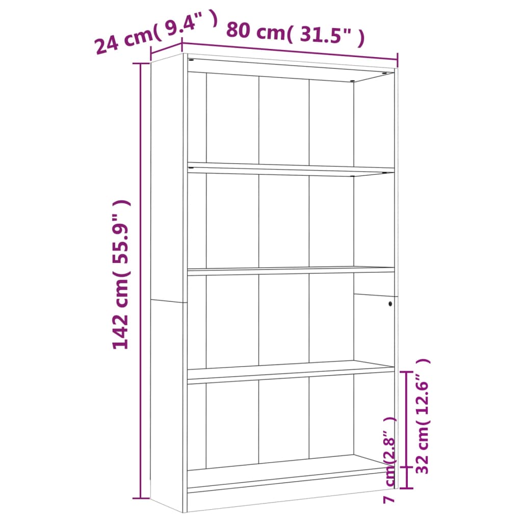 Bibliothèque 4 compartiments chêne fumé 80x24x142 cm matière bois