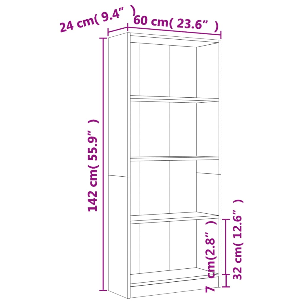 Bibliothèque 4 compartiments Sonoma gris 60x24x142 cm matériau bois