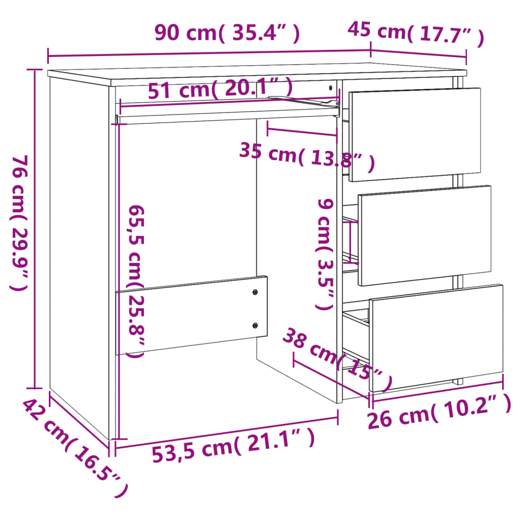 Schreibtisch Räuchereiche 90x45x76 cm Holzwerkstoff