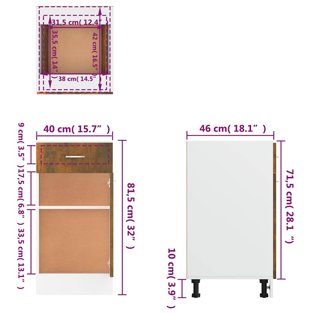 Unterschrank mit Schublade Lyon Räuchereiche 40x46x81,5 cm