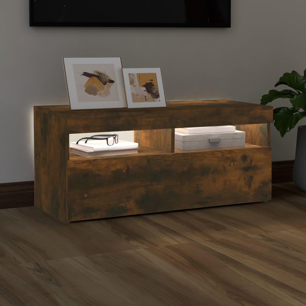 TV cabinet with LED lights smoked oak 90x35x40 cm
