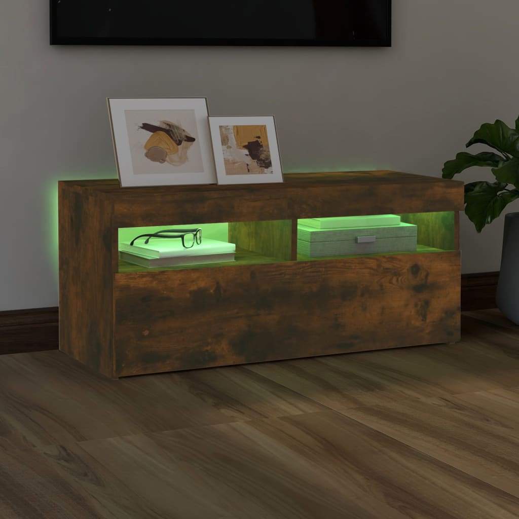 TV cabinet with LED lights smoked oak 90x35x40 cm