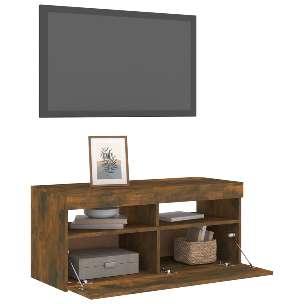 TV cabinet with LED lights smoked oak 90x35x40 cm
