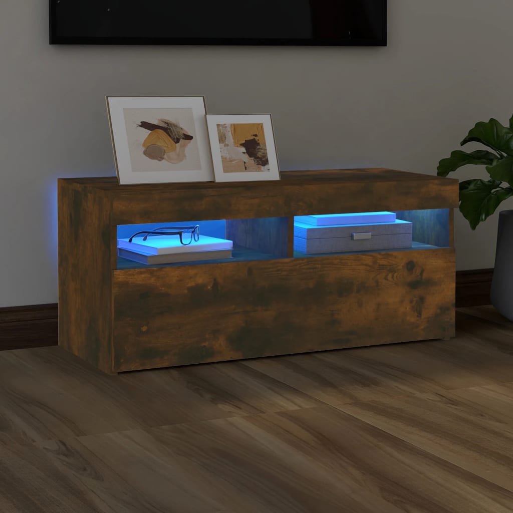 TV cabinet with LED lights smoked oak 90x35x40 cm