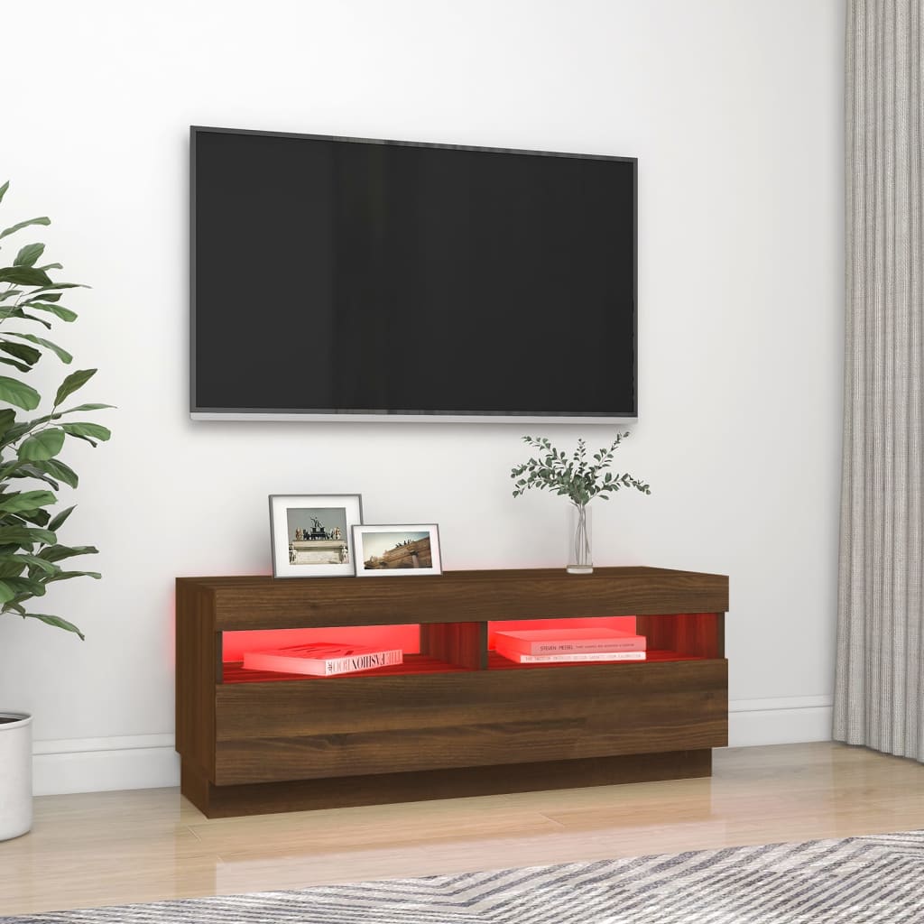 TV cabinet with LED lights brown oak look 100x35x40 cm