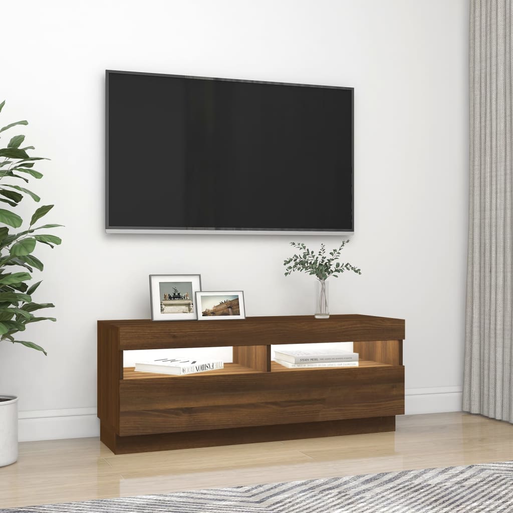 TV cabinet with LED lights brown oak look 100x35x40 cm