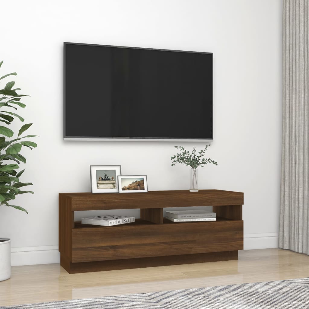 TV cabinet with LED lights brown oak look 100x35x40 cm